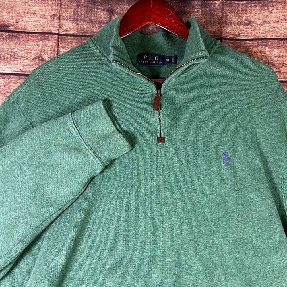 Polo Ralph Lauren Mens XL Green 1/4 Zip Cotton Knit Pullover Navy Pony